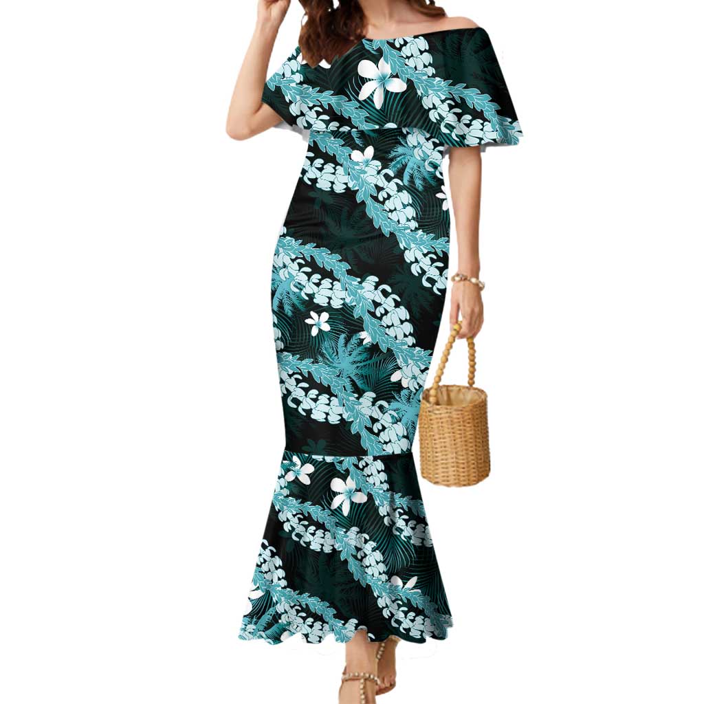 Puakenikeni Maile Lei Mermaid Dress Frangipani Turquoise Tropical Leaves