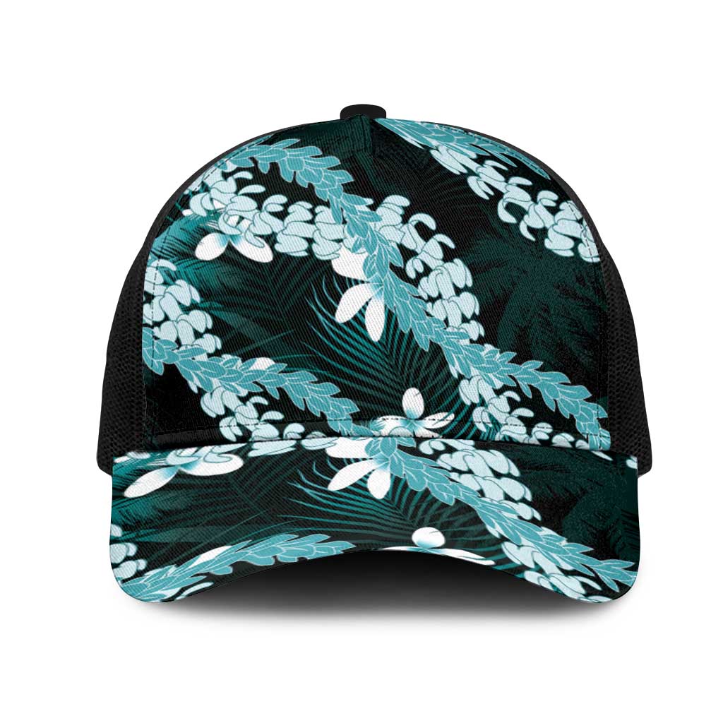 Puakenikeni Maile Lei Mesh Trucker Cap Frangipani Turquoise Tropical Leaves