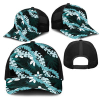 Puakenikeni Maile Lei Mesh Trucker Cap Frangipani Turquoise Tropical Leaves