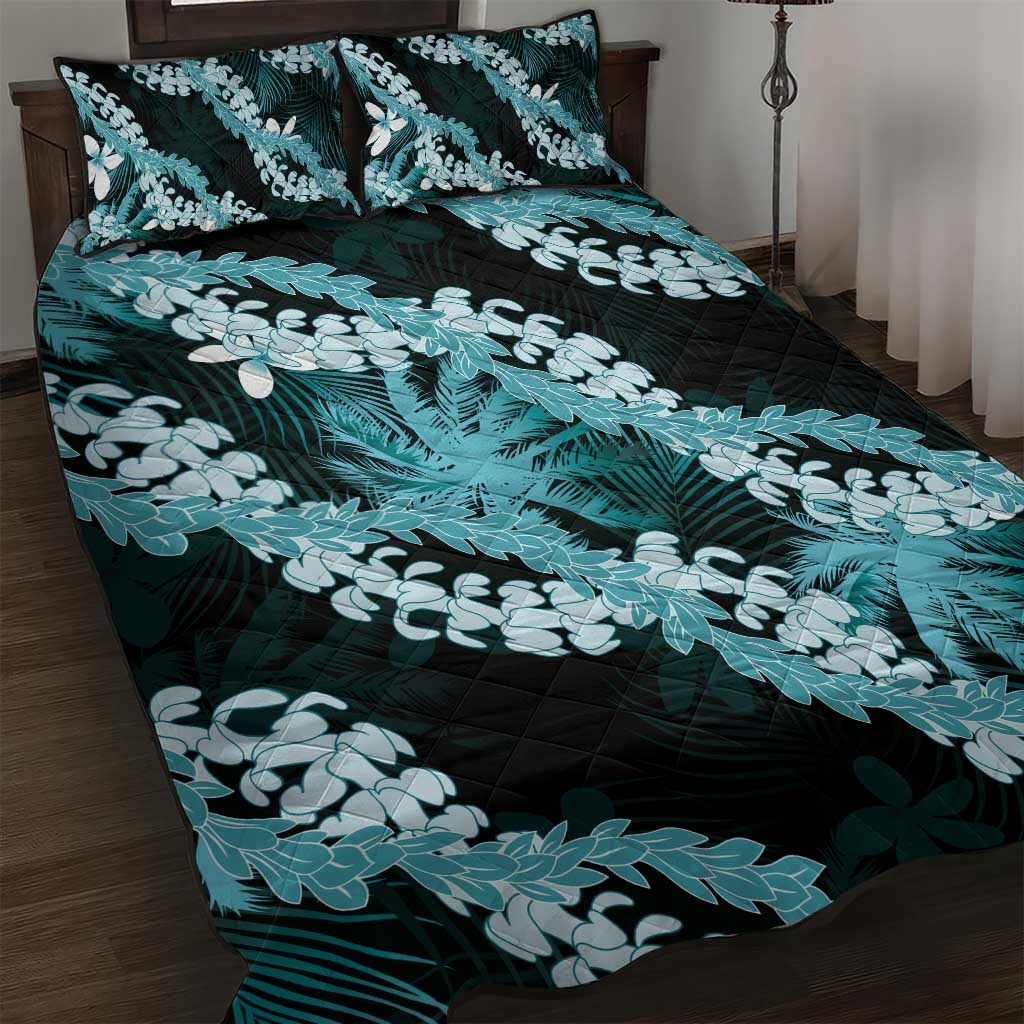 Puakenikeni Maile Lei Quilt Bed Set Frangipani Turquoise Tropical Leaves