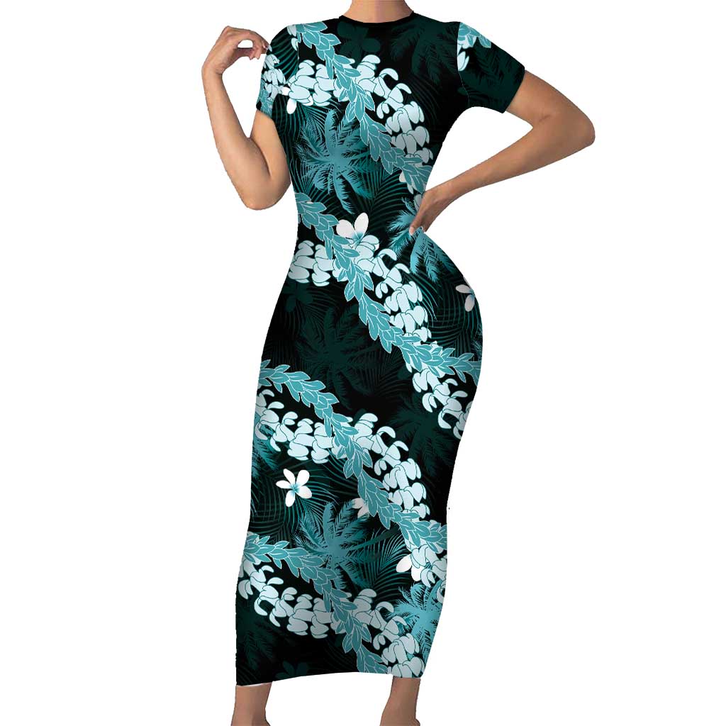 Puakenikeni Maile Lei Short Sleeve Bodycon Dress Frangipani Turquoise Tropical Leaves LT01 Long Dress Turquoise - Polynesian Pride
