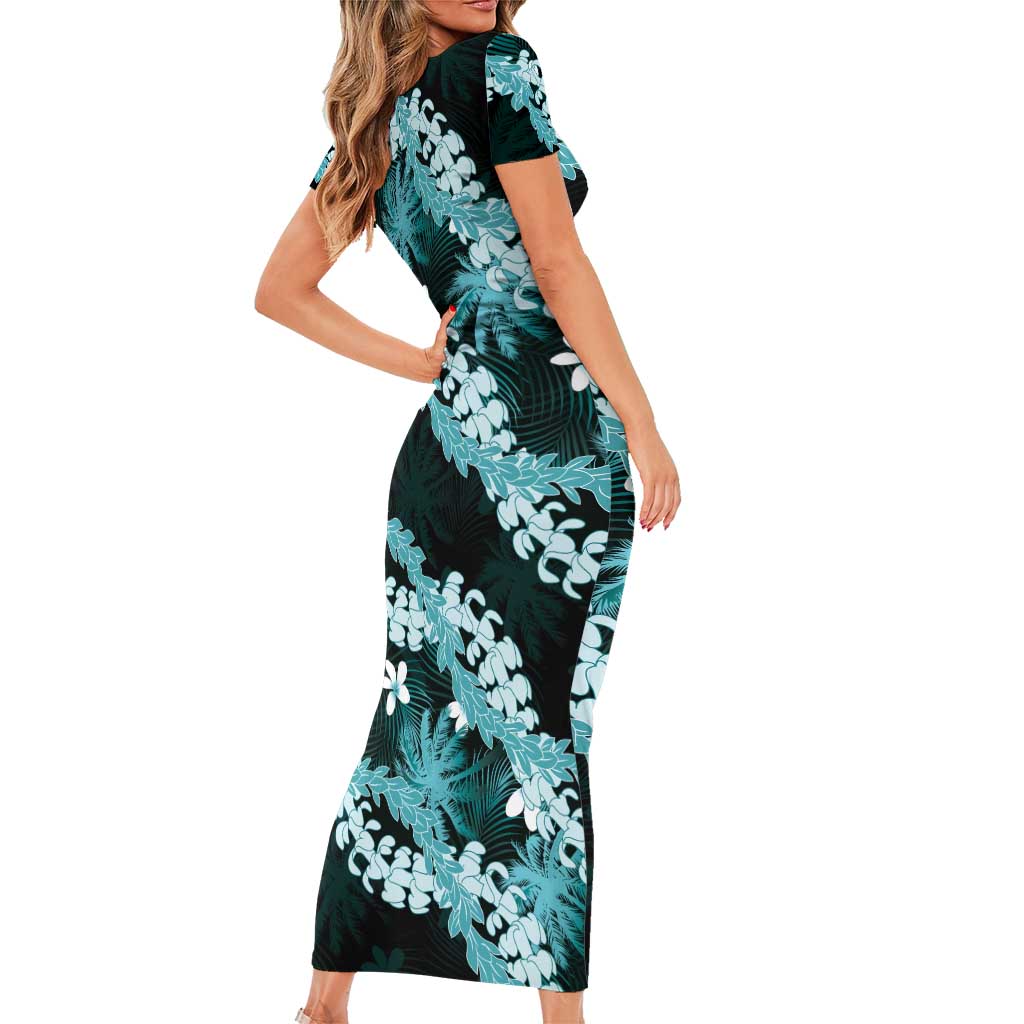 Puakenikeni Maile Lei Short Sleeve Bodycon Dress Frangipani Turquoise Tropical Leaves LT01 - Polynesian Pride