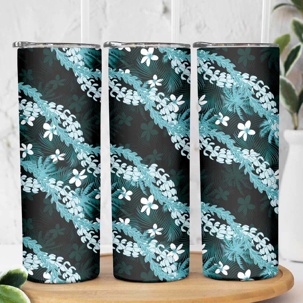 Puakenikeni Maile Lei Skinny Tumbler Frangipani Turquoise Tropical Leaves