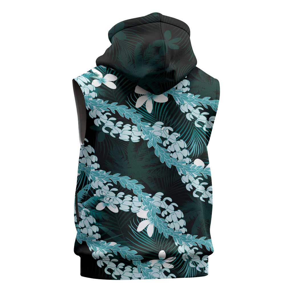 Puakenikeni Maile Lei Sleeveless Hoodie Frangipani Turquoise Tropical Leaves