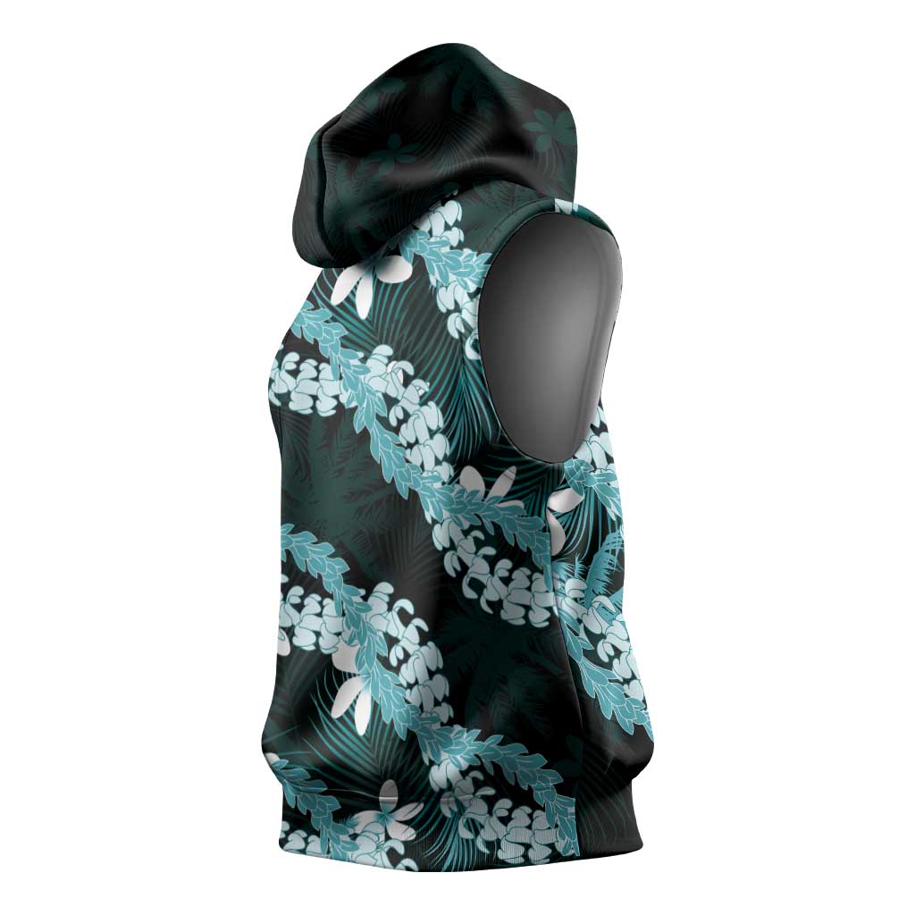 Puakenikeni Maile Lei Sleeveless Hoodie Frangipani Turquoise Tropical Leaves
