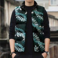 Puakenikeni Maile Lei Sleeveless Puffer Jacket Frangipani Turquoise Tropical Leaves