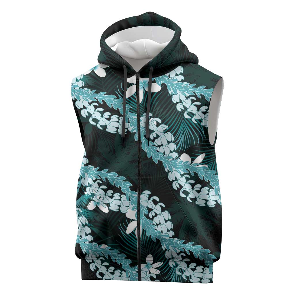 Puakenikeni Maile Lei Sleeveless Zip Hoodie Frangipani Turquoise Tropical Leaves