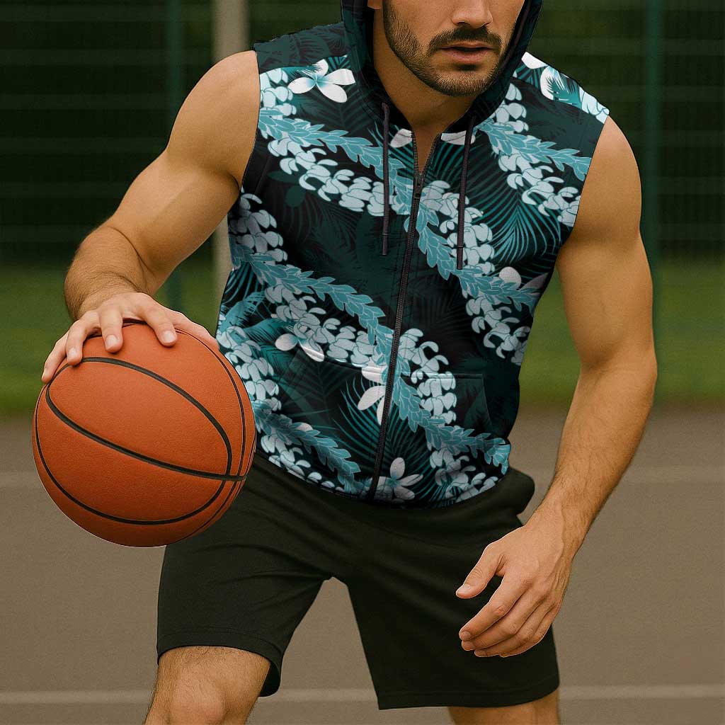 Puakenikeni Maile Lei Sleeveless Zip Hoodie Frangipani Turquoise Tropical Leaves