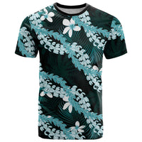 Puakenikeni Maile Lei T Shirt Frangipani Turquoise Tropical Leaves