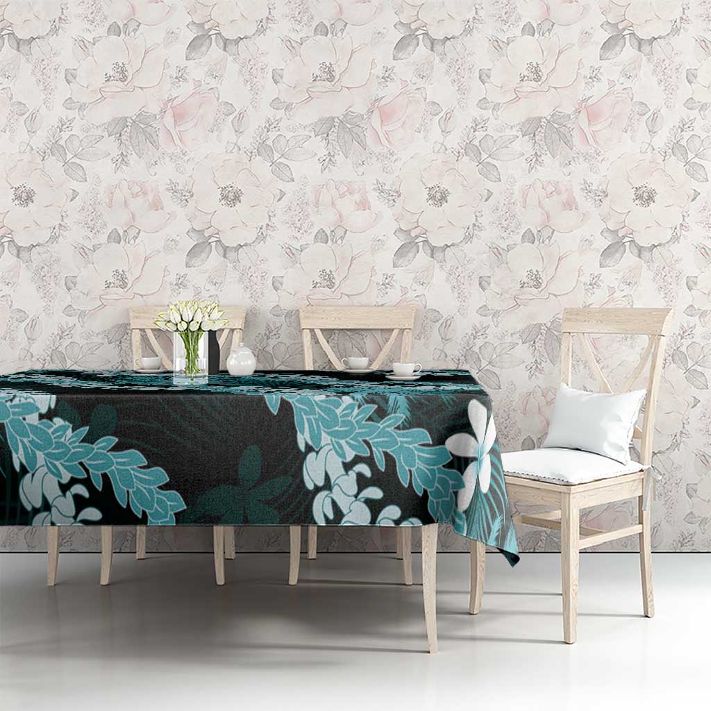 Puakenikeni Maile Lei Tablecloth Frangipani Turquoise Tropical Leaves