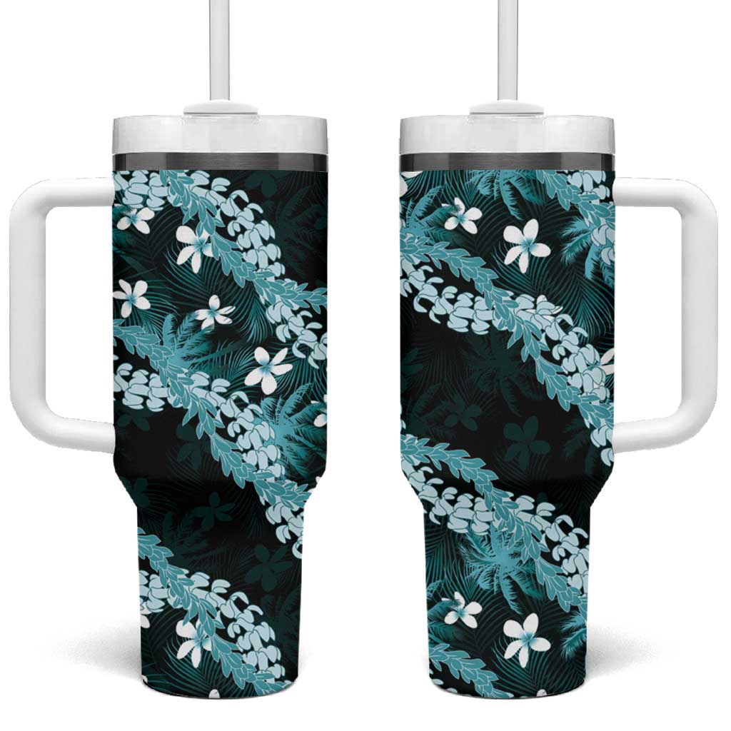 Puakenikeni Maile Lei Tumbler With Handle Frangipani Turquoise Tropical Leaves