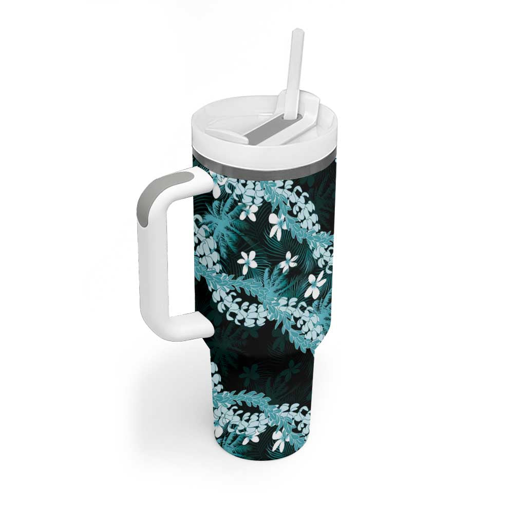 Puakenikeni Maile Lei Tumbler With Handle Frangipani Turquoise Tropical Leaves