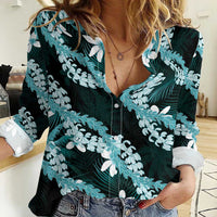 Puakenikeni Maile Lei Women Casual Shirt Frangipani Turquoise Tropical Leaves LT01 Female Turquoise - Polynesian Pride