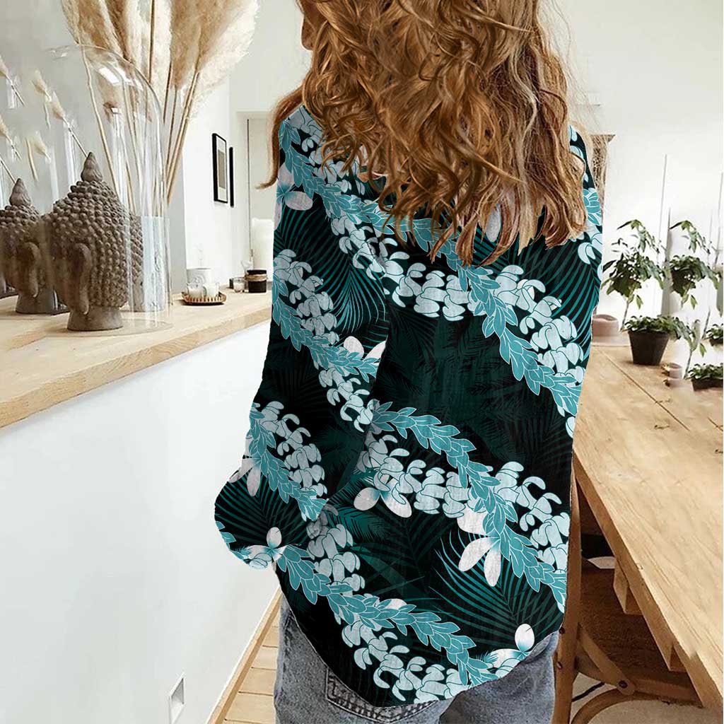 Puakenikeni Maile Lei Women Casual Shirt Frangipani Turquoise Tropical Leaves LT01 - Polynesian Pride