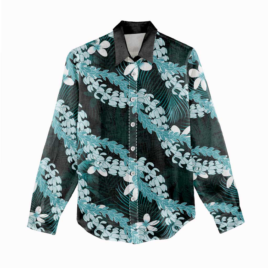 Puakenikeni Maile Lei Women Casual Shirt Frangipani Turquoise Tropical Leaves LT01 - Polynesian Pride