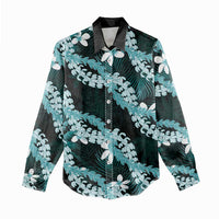 Puakenikeni Maile Lei Women Casual Shirt Frangipani Turquoise Tropical Leaves LT01 - Polynesian Pride