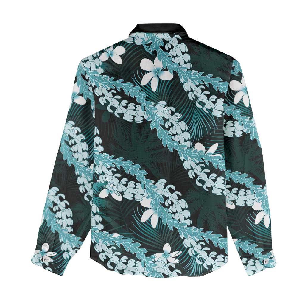 Puakenikeni Maile Lei Women Casual Shirt Frangipani Turquoise Tropical Leaves LT01 - Polynesian Pride