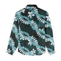 Puakenikeni Maile Lei Women Casual Shirt Frangipani Turquoise Tropical Leaves LT01 - Polynesian Pride