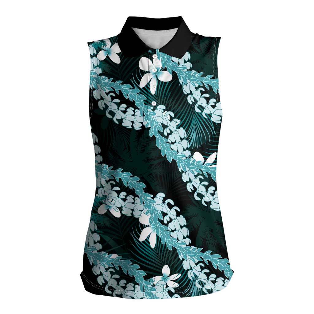 Puakenikeni Maile Lei Women Sleeveless Polo Shirt Frangipani Turquoise Tropical Leaves