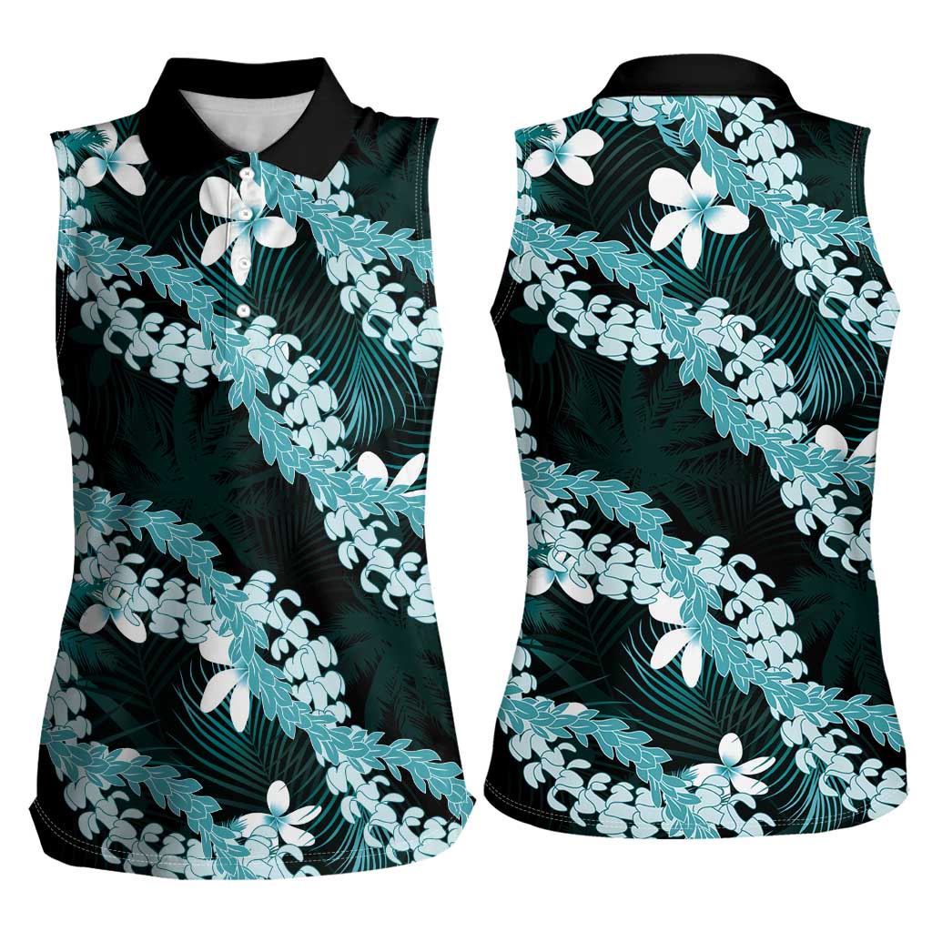 Puakenikeni Maile Lei Women Sleeveless Polo Shirt Frangipani Turquoise Tropical Leaves