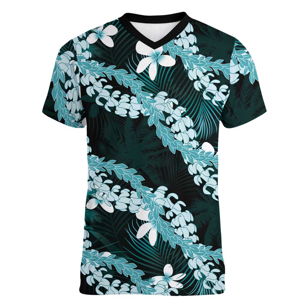 Puakenikeni Maile Lei Women V-Neck T-Shirt Frangipani Turquoise Tropical Leaves