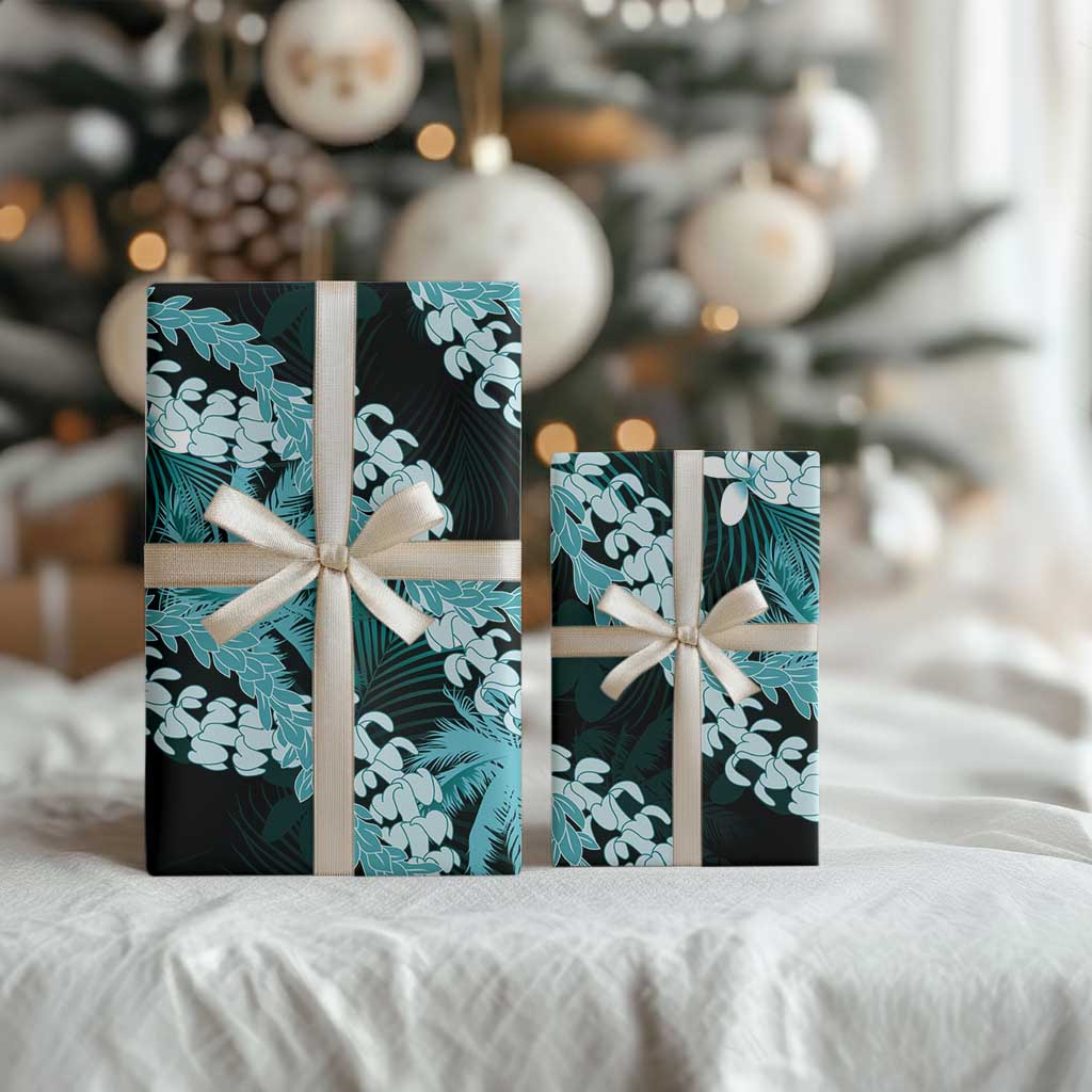 Puakenikeni Maile Lei Wrapping Paper Frangipani Turquoise Tropical Leaves LT01 - Polynesian Pride