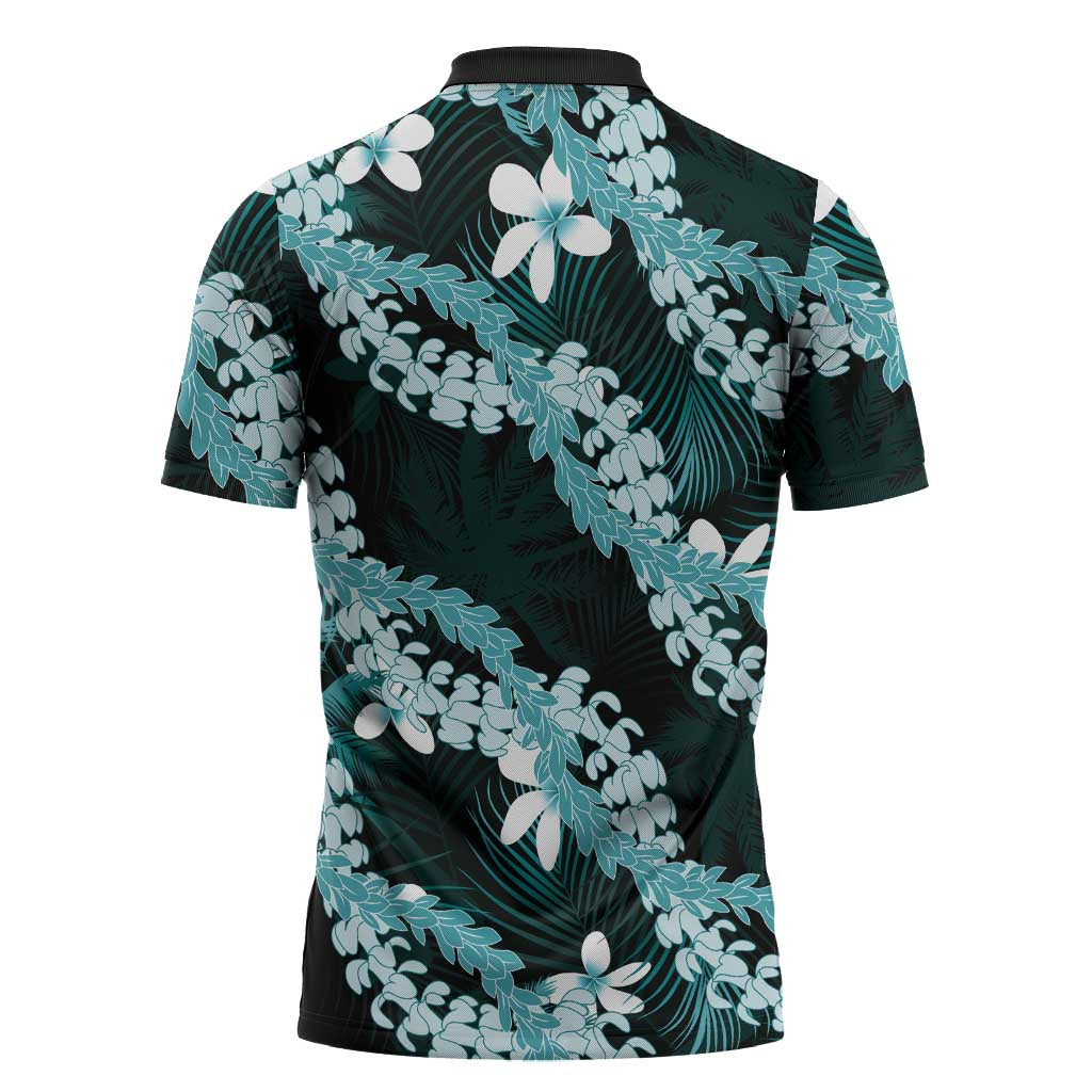 Puakenikeni Maile Lei Zipper Polo Shirt Frangipani Turquoise Tropical Leaves