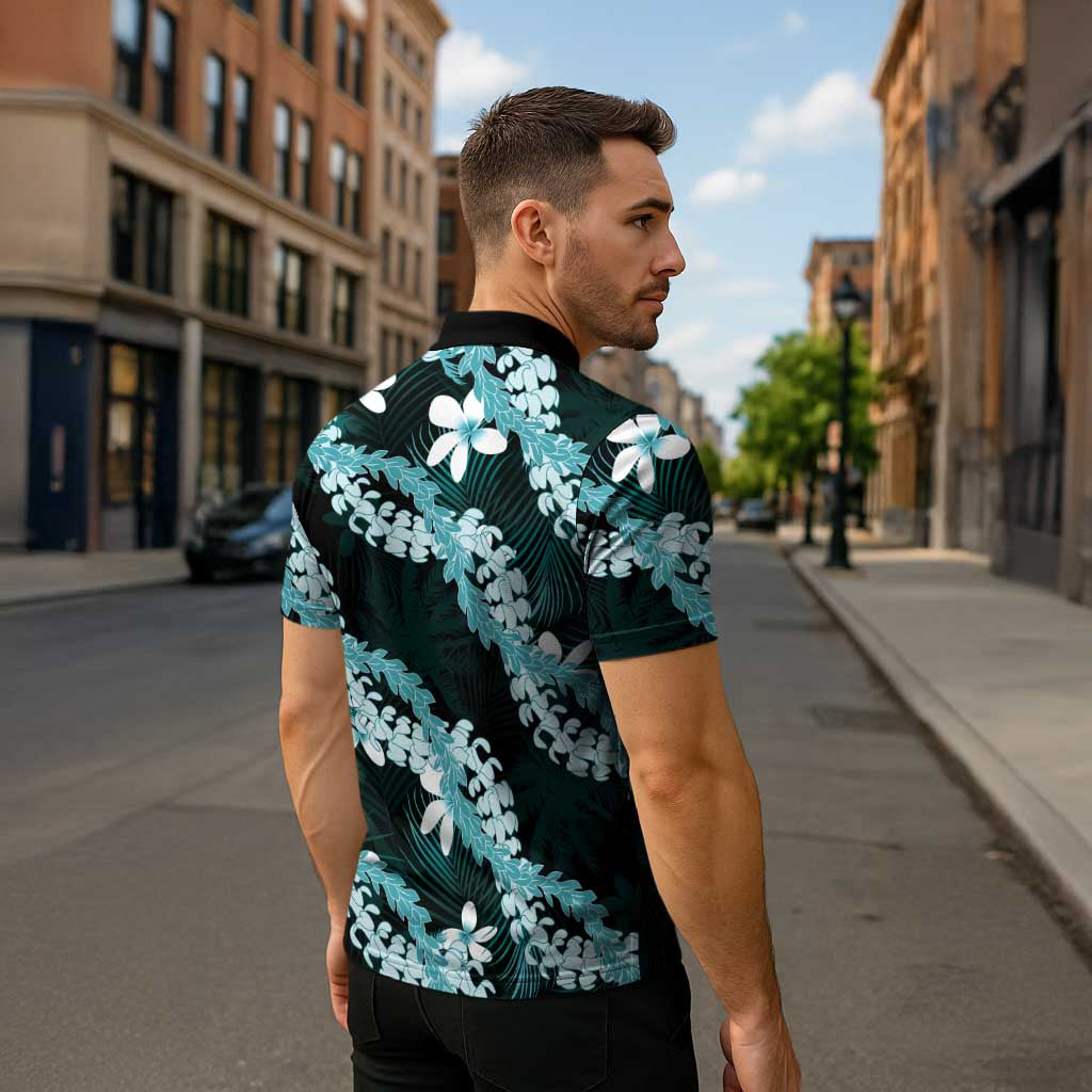 Puakenikeni Maile Lei Zipper Polo Shirt Frangipani Turquoise Tropical Leaves