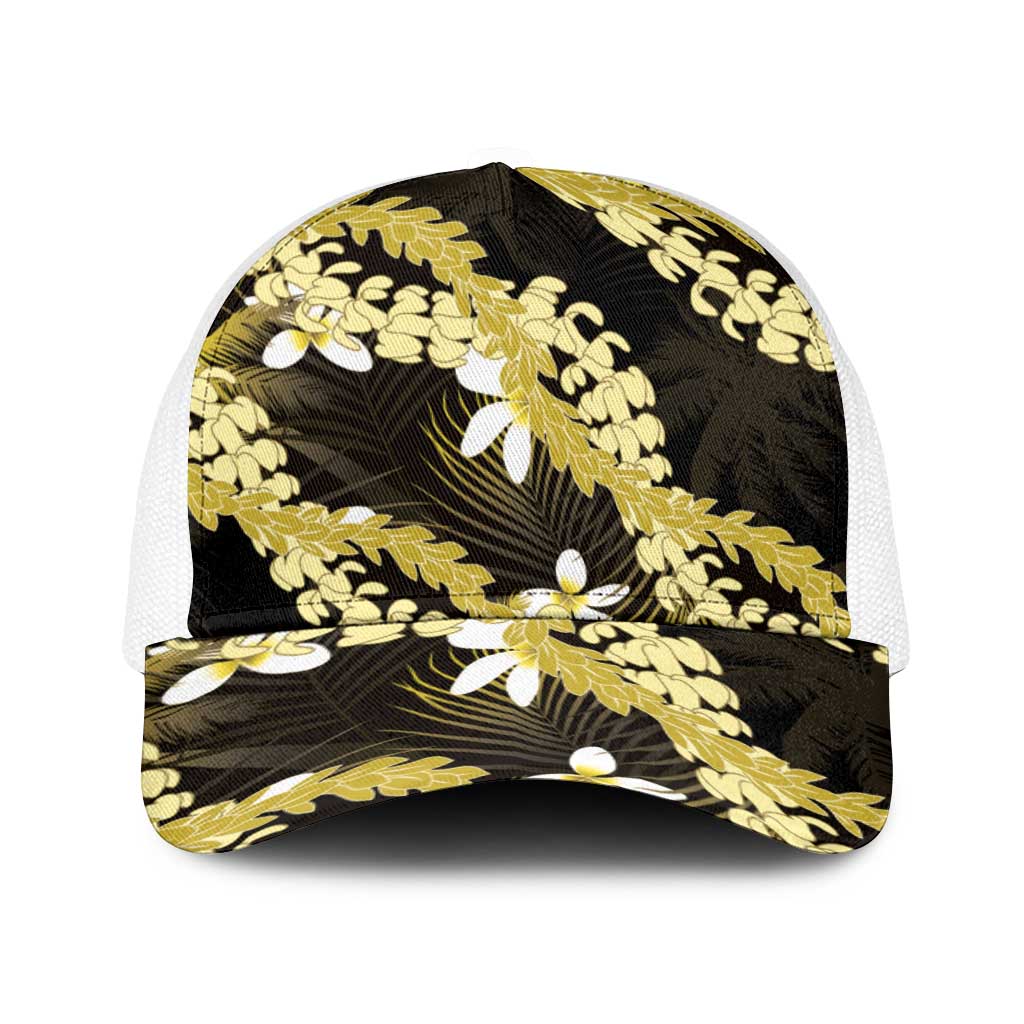 Puakenikeni Maile Lei Baseball Net Cap Frangipani Yellow Tropical Leaves