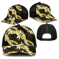 Puakenikeni Maile Lei Baseball Net Cap Frangipani Yellow Tropical Leaves