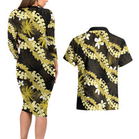 Puakenikeni Maile Lei Couples Matching Long Sleeve Bodycon Dress and Hawaiian Shirt Frangipani Yellow Tropical Leaves LT01 - Polynesian Pride