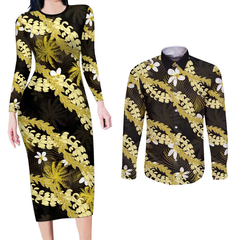Puakenikeni Maile Lei Couples Matching Long Sleeve Bodycon Dress and Long Sleeve Button Shirt Frangipani Yellow Tropical Leaves