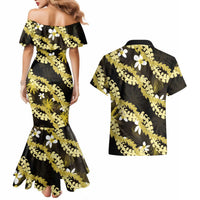 Puakenikeni Maile Lei Couples Matching Mermaid Dress and Hawaiian Shirt Frangipani Yellow Tropical Leaves
