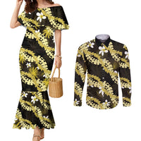 Puakenikeni Maile Lei Couples Matching Mermaid Dress and Long Sleeve Button Shirt Frangipani Yellow Tropical Leaves