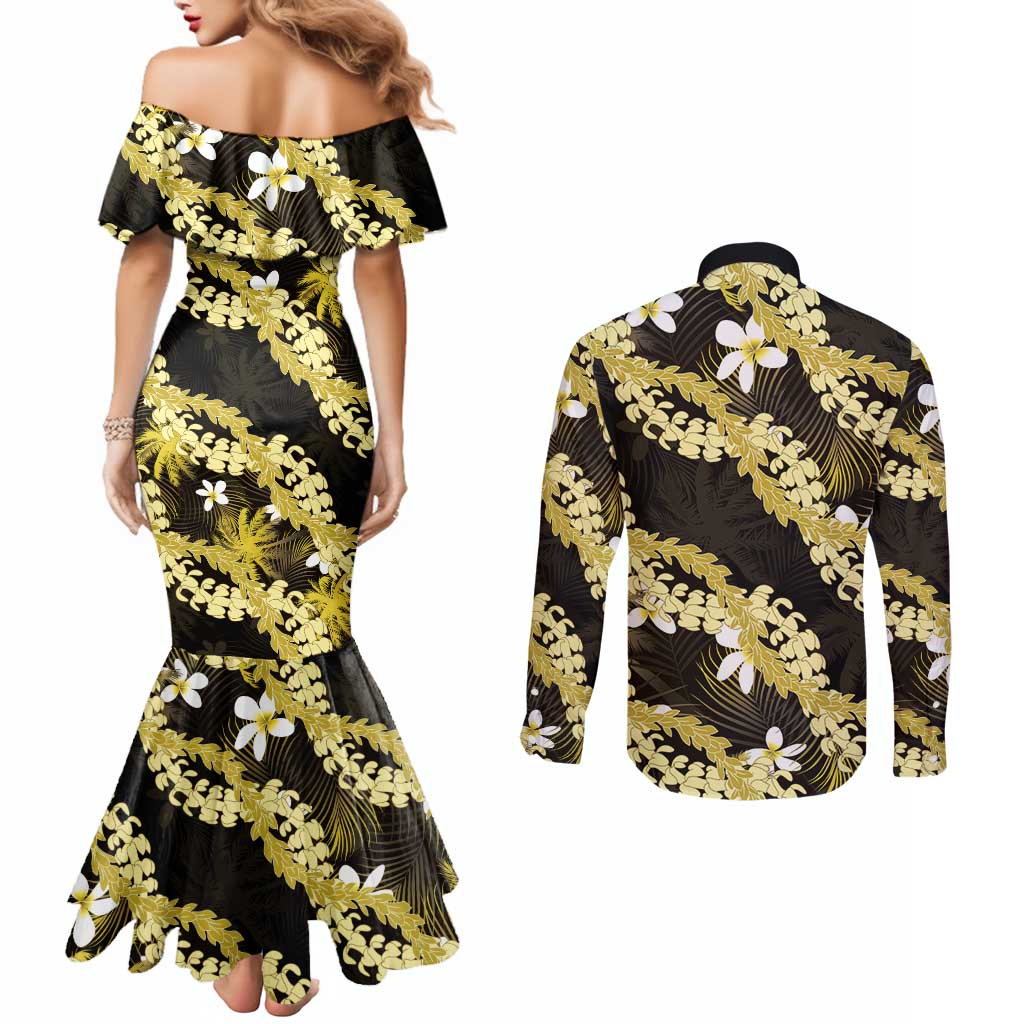 Puakenikeni Maile Lei Couples Matching Mermaid Dress and Long Sleeve Button Shirt Frangipani Yellow Tropical Leaves