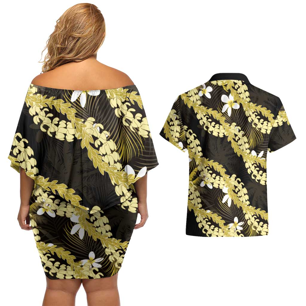Puakenikeni Maile Lei Couples Matching Off Shoulder Short Dress and Hawaiian Shirt Frangipani Yellow Tropical Leaves