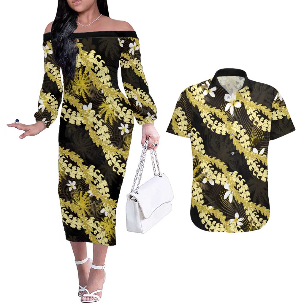 Puakenikeni Maile Lei Couples Matching Off The Shoulder Long Sleeve Dress and Hawaiian Shirt Frangipani Yellow Tropical Leaves LT01 Yellow - Polynesian Pride
