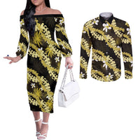 Puakenikeni Maile Lei Couples Matching Off The Shoulder Long Sleeve Dress and Long Sleeve Button Shirt Frangipani Yellow Tropical Leaves