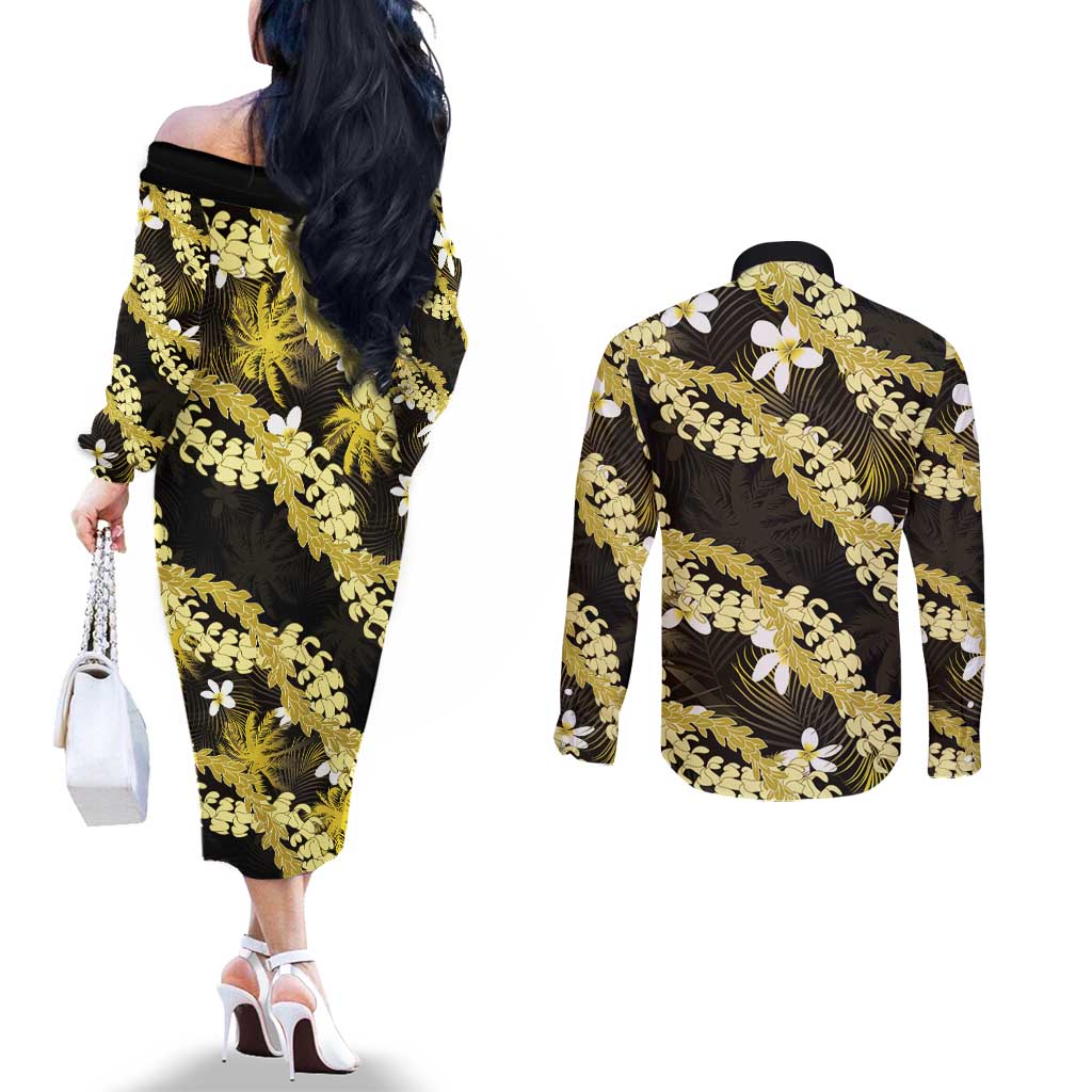 Puakenikeni Maile Lei Couples Matching Off The Shoulder Long Sleeve Dress and Long Sleeve Button Shirt Frangipani Yellow Tropical Leaves