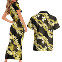 Puakenikeni Maile Lei Couples Matching Short Sleeve Bodycon Dress and Hawaiian Shirt Frangipani Yellow Tropical Leaves LT01 - Polynesian Pride
