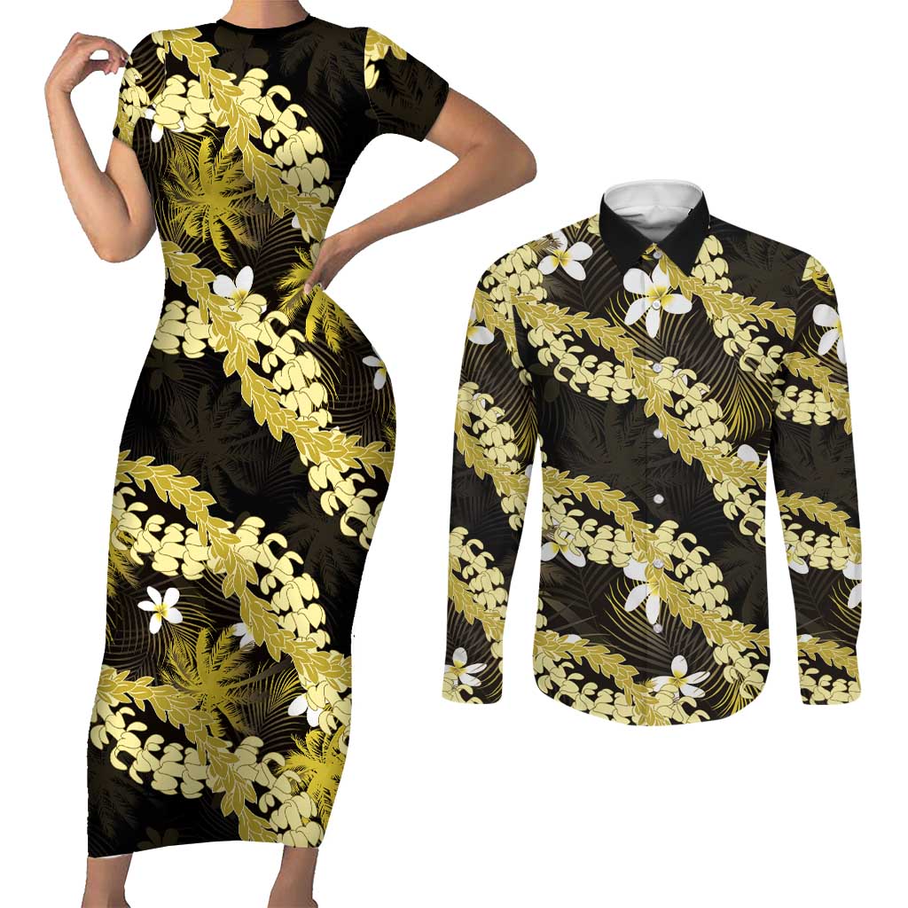 Puakenikeni Maile Lei Couples Matching Short Sleeve Bodycon Dress and Long Sleeve Button Shirt Frangipani Yellow Tropical Leaves