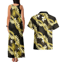 Puakenikeni Maile Lei Couples Matching Tank Maxi Dress and Hawaiian Shirt Frangipani Yellow Tropical Leaves