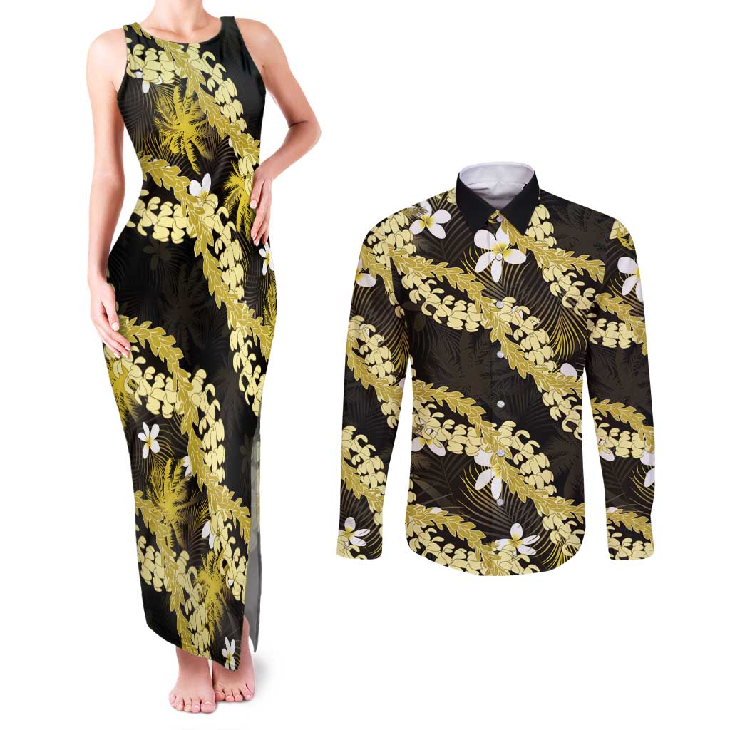 Puakenikeni Maile Lei Couples Matching Tank Maxi Dress and Long Sleeve Button Shirt Frangipani Yellow Tropical Leaves