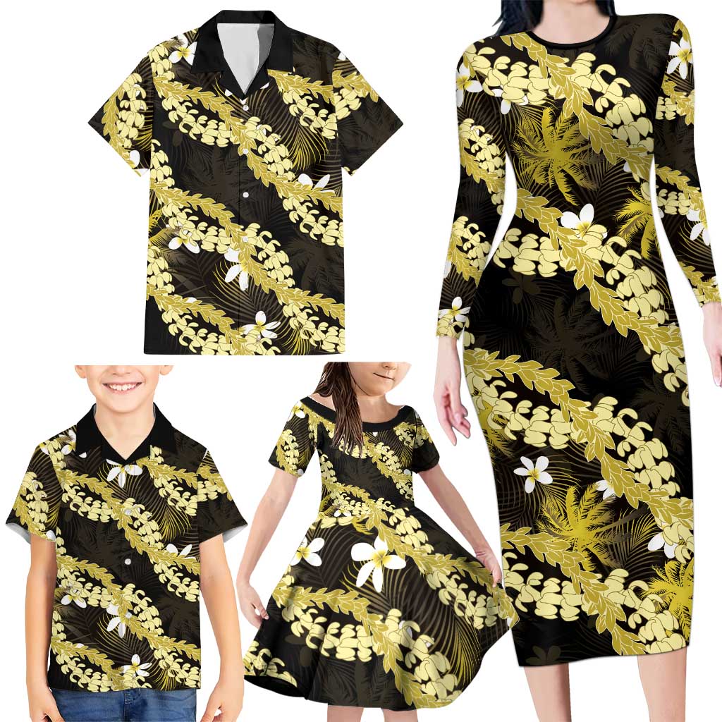 Puakenikeni Maile Lei Family Matching Long Sleeve Bodycon Dress and Hawaiian Shirt Frangipani Yellow Tropical Leaves LT01 - Polynesian Pride