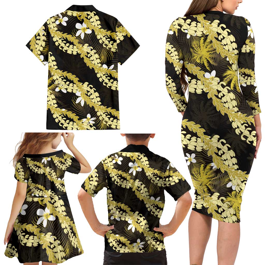 Puakenikeni Maile Lei Family Matching Long Sleeve Bodycon Dress and Hawaiian Shirt Frangipani Yellow Tropical Leaves LT01 - Polynesian Pride