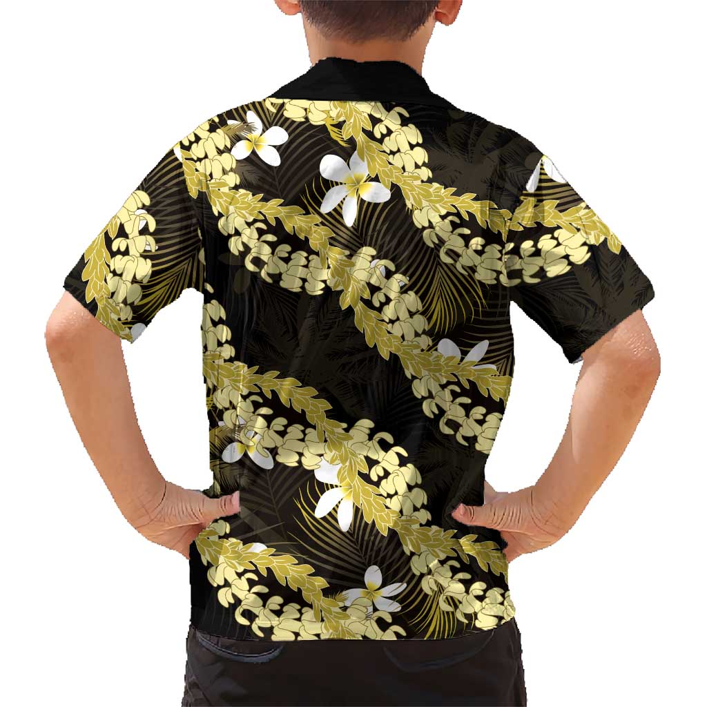 Puakenikeni Maile Lei Family Matching Off The Shoulder Long Sleeve Dress and Hawaiian Shirt Frangipani Yellow Tropical Leaves LT01 - Polynesian Pride