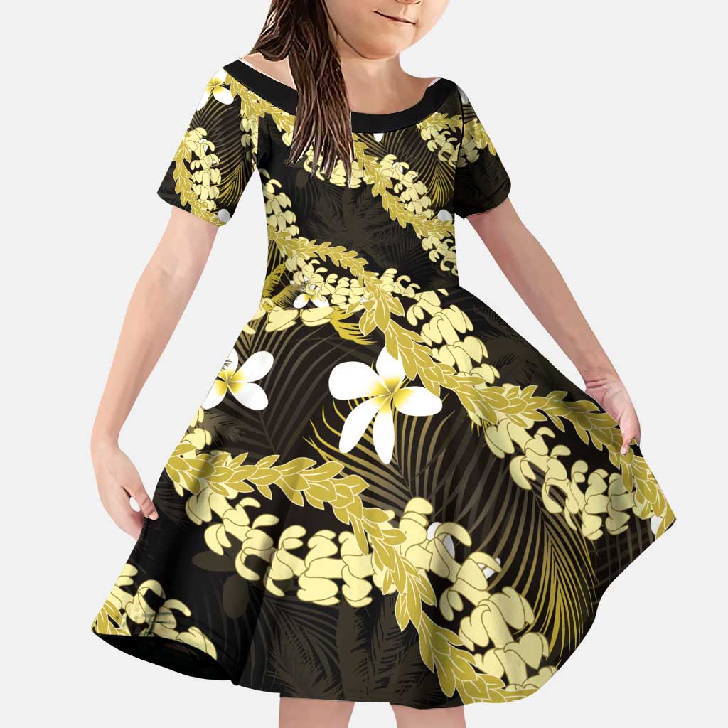 Puakenikeni Maile Lei Family Matching Off The Shoulder Long Sleeve Dress and Hawaiian Shirt Frangipani Yellow Tropical Leaves LT01 Daughter's Dress Yellow - Polynesian Pride