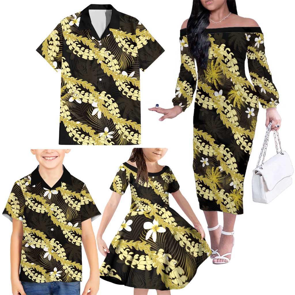 Puakenikeni Maile Lei Family Matching Off The Shoulder Long Sleeve Dress and Hawaiian Shirt Frangipani Yellow Tropical Leaves LT01 - Polynesian Pride