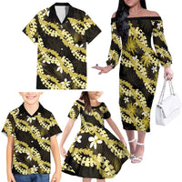 Puakenikeni Maile Lei Family Matching Off The Shoulder Long Sleeve Dress and Hawaiian Shirt Frangipani Yellow Tropical Leaves LT01 - Polynesian Pride