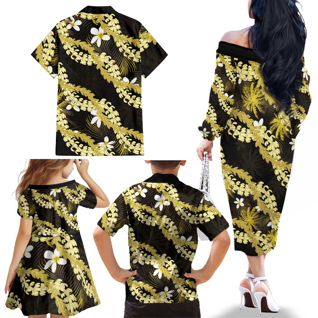 Puakenikeni Maile Lei Family Matching Off The Shoulder Long Sleeve Dress and Hawaiian Shirt Frangipani Yellow Tropical Leaves LT01 - Polynesian Pride